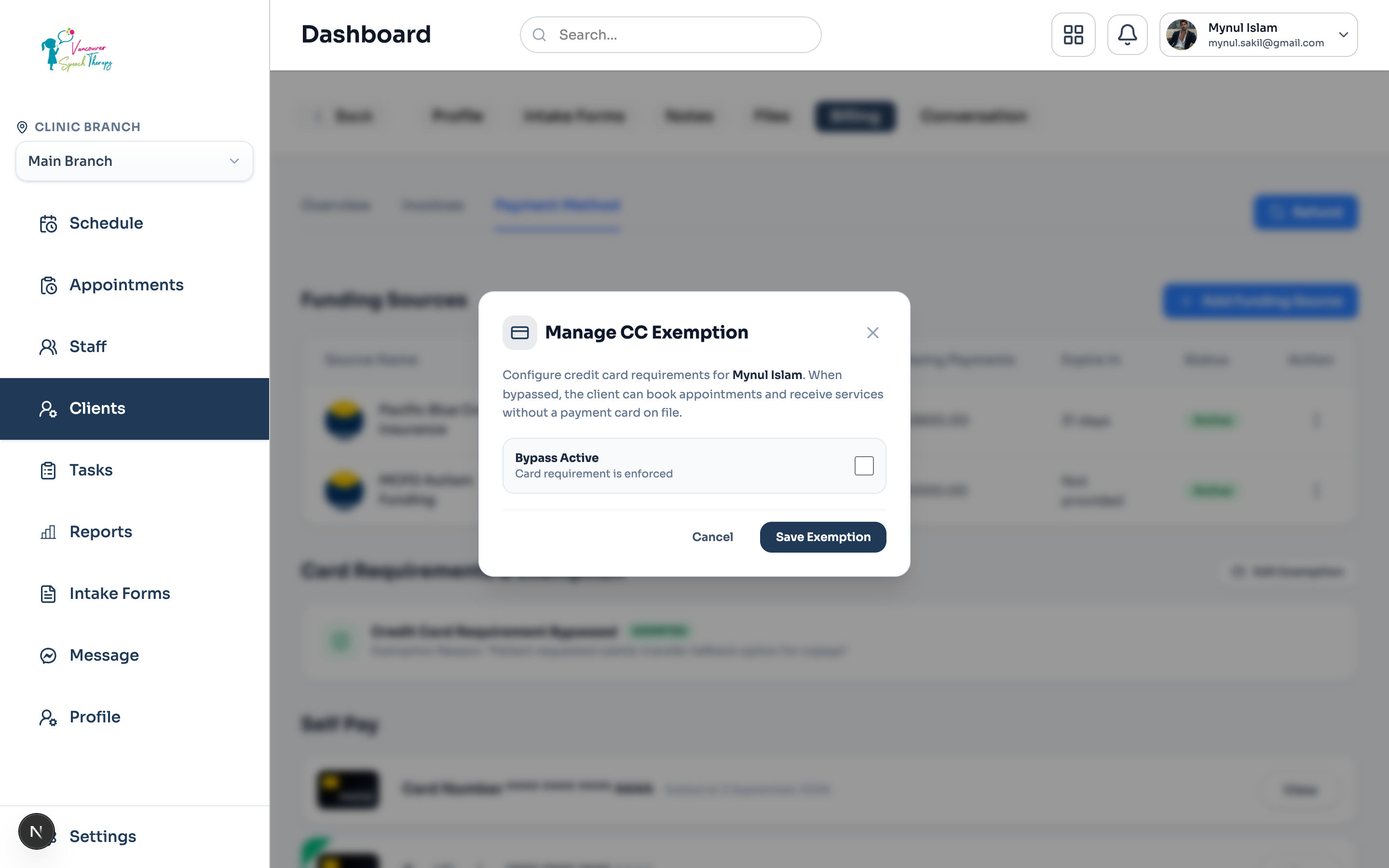 Admin Credit Card Exemption (CC Bypass) drawer under Client Profile > Billing > Payment Method.