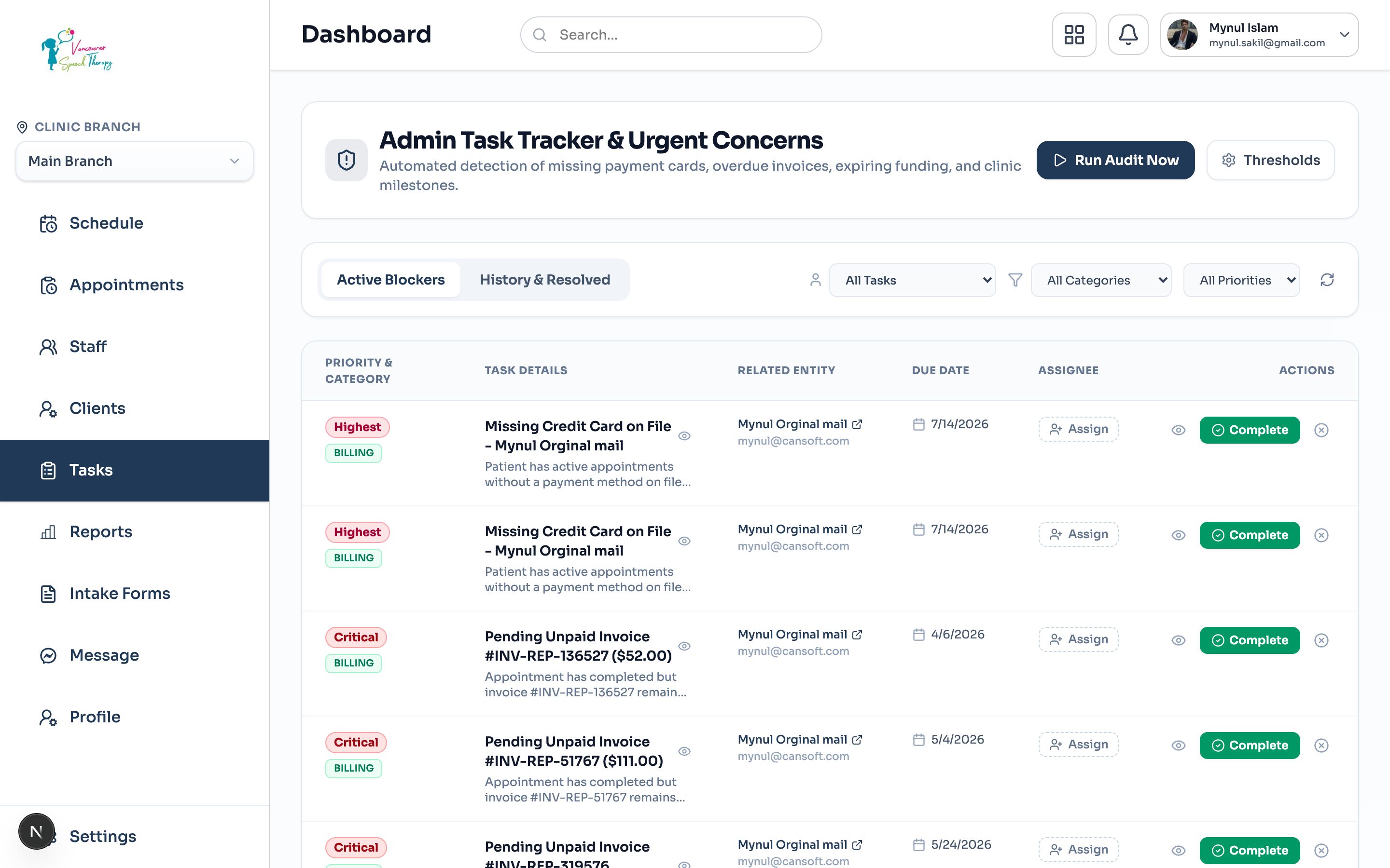Emmai Admin Operations & Task Tracker dashboard showing prioritized task items and status categories.