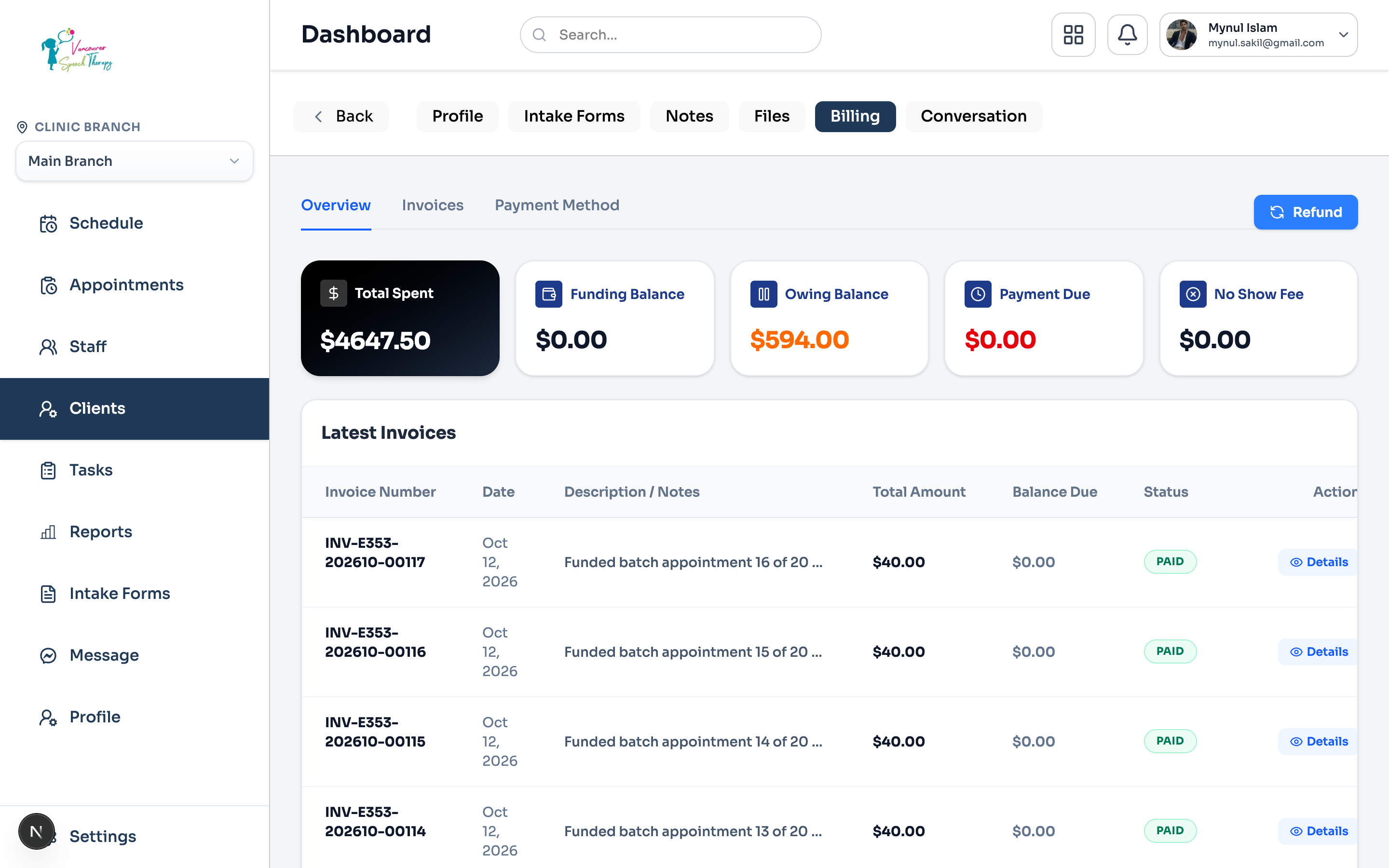 Individual Patient Billing Overview subtab showing lifetime financial metrics (Total Spent, Total Owing, Amount Overdue) and recent invoice records.