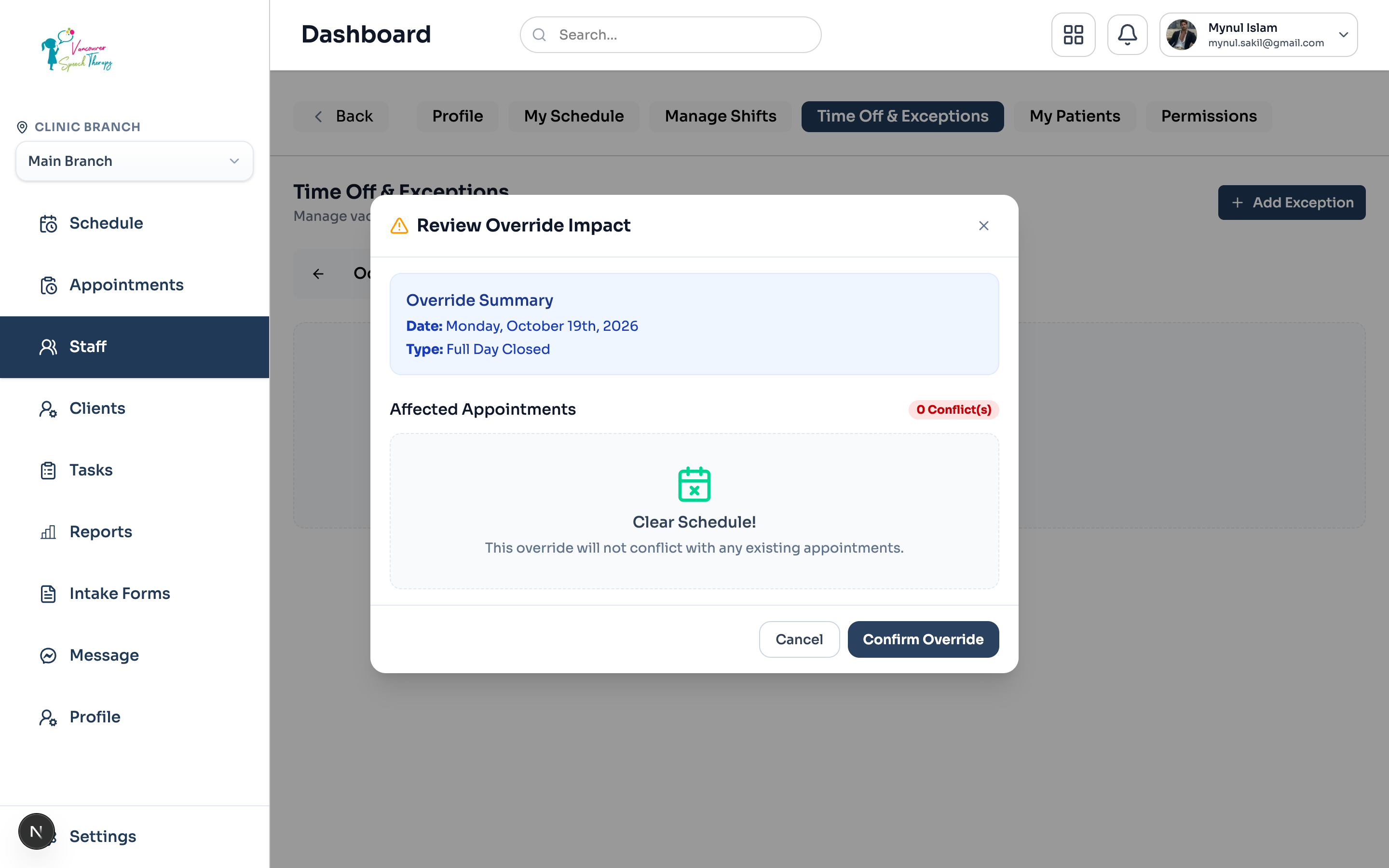Caseload Impact Modal displaying affected client bookings and batch reassignment/cancellation options.