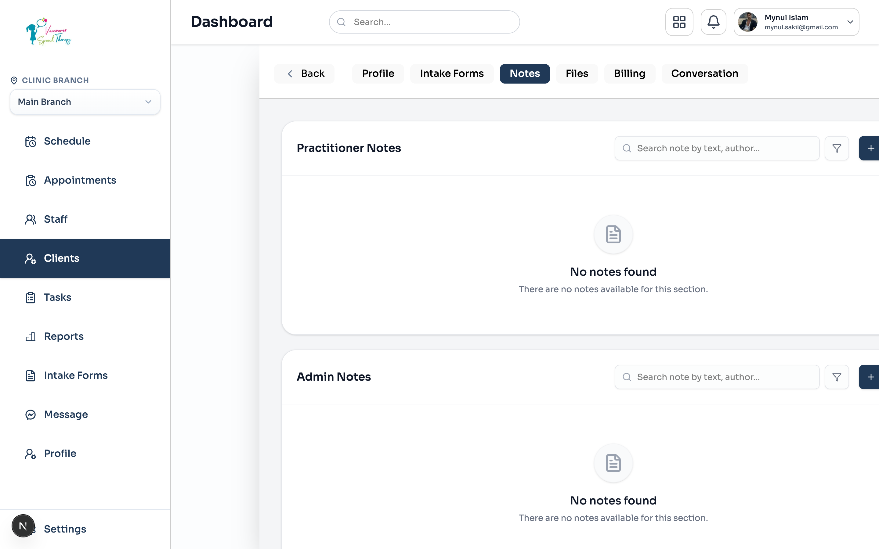 Client Notes Hub showing Practitioner Notes and Admin Notes sections with search and filter controls.