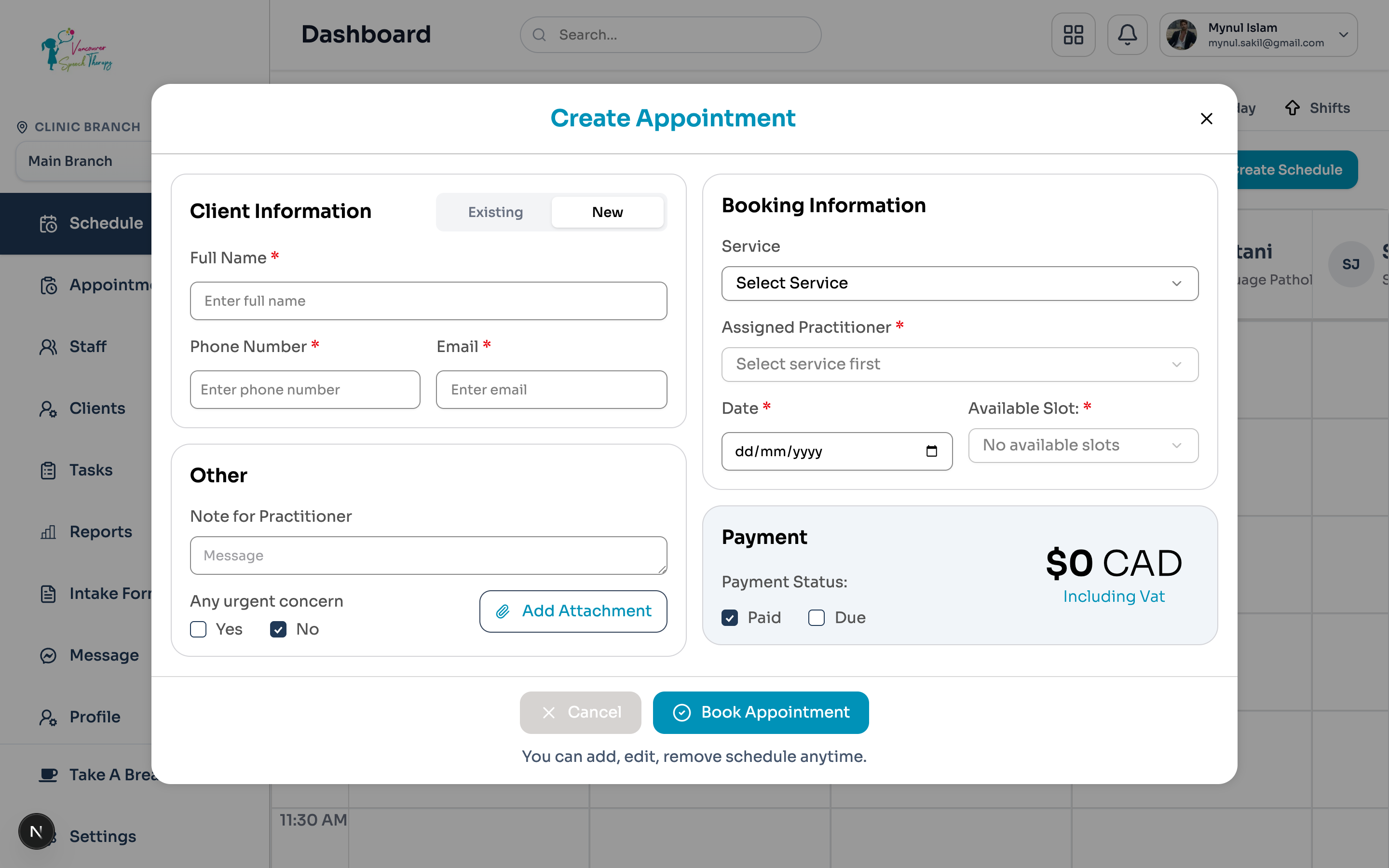 Emmai 'Create Appointment' modal: booking a single visit with client selection, service, assigned practitioner, and date/time.