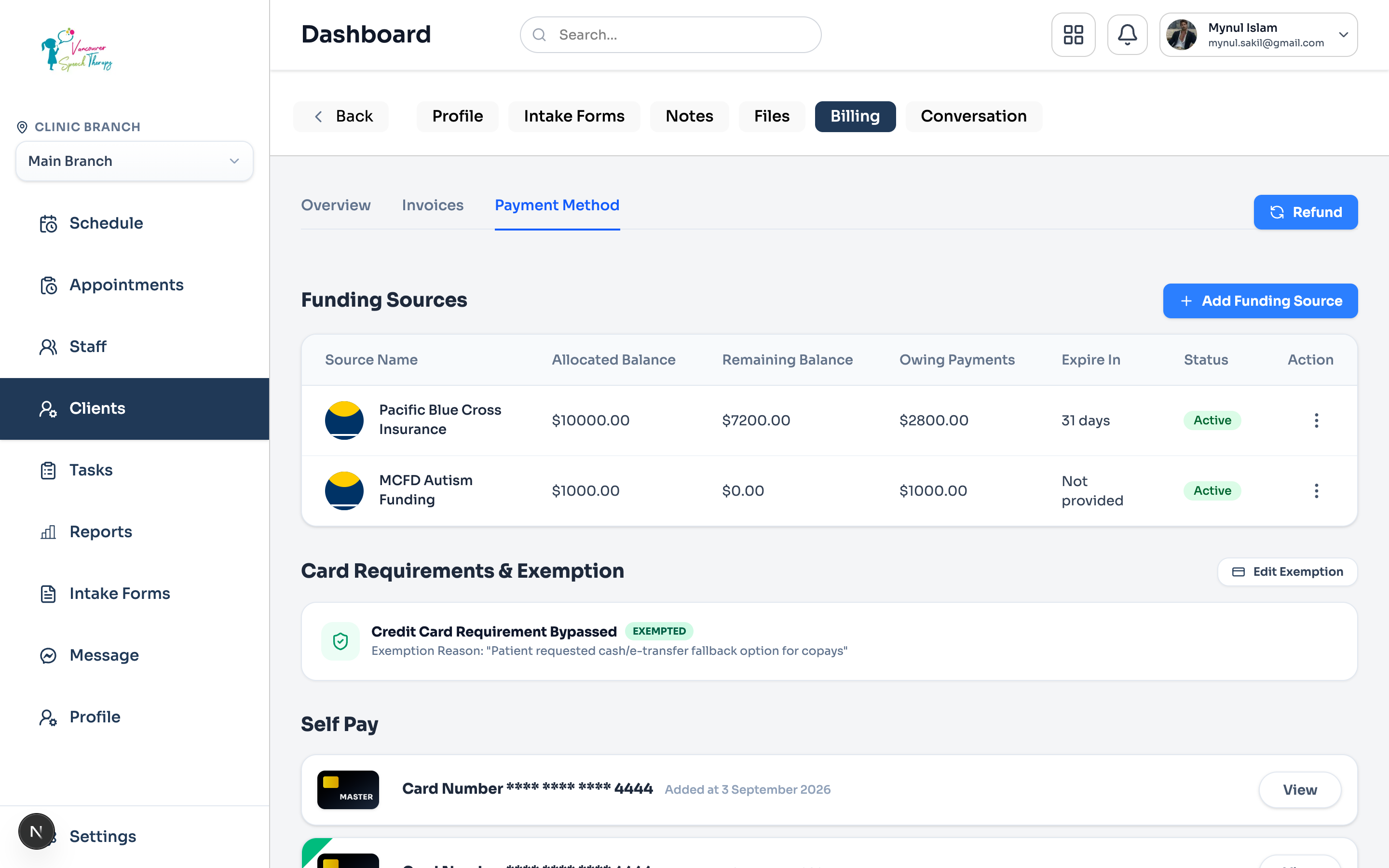 Add Funding Source drawer under Client Profile > Billing > Payment Method.