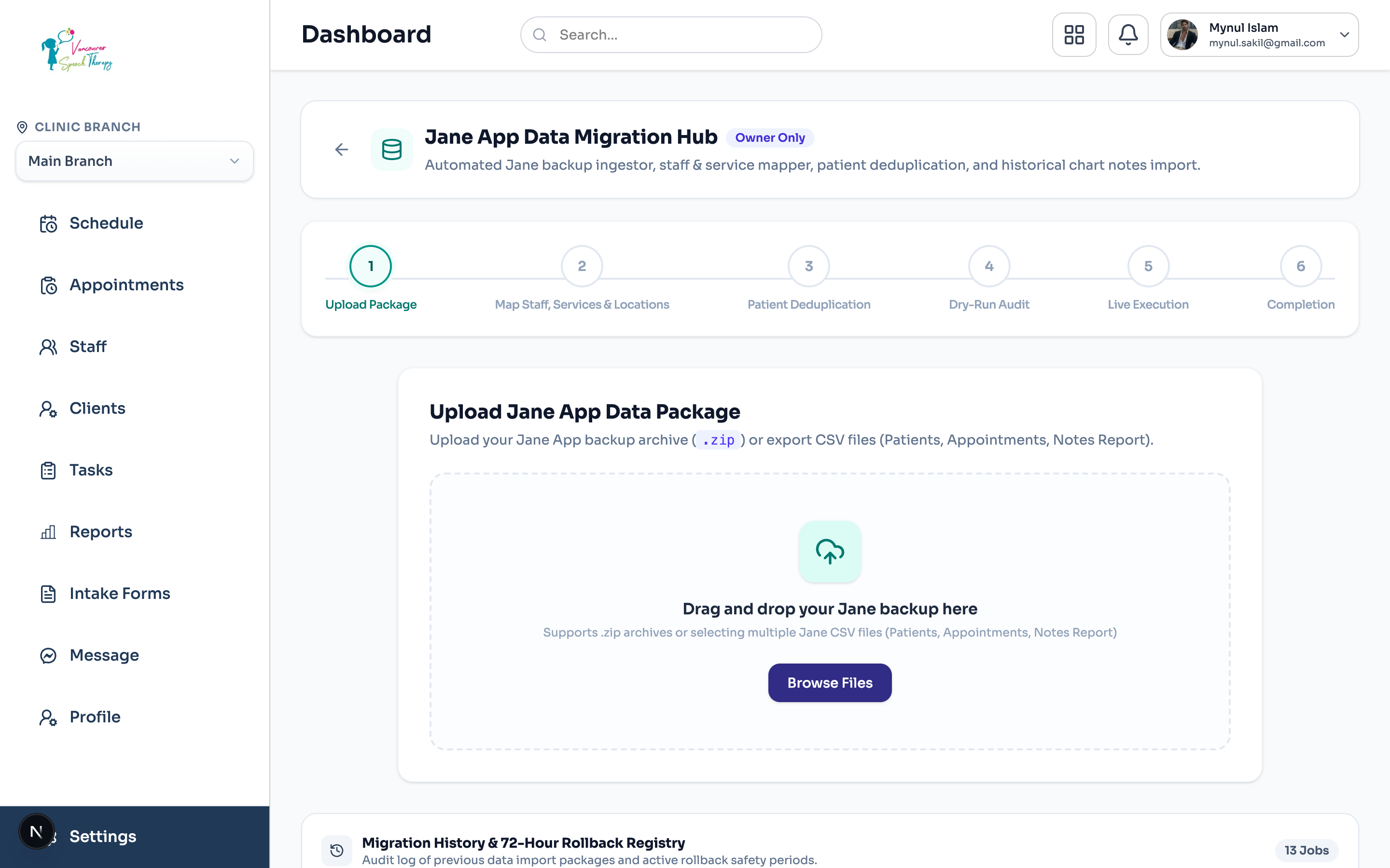 Emmai Jane App Data Migration Wizard: 6-stage automated pipeline featuring package upload, entity mapping, patient deduplication, and dry-run validation.