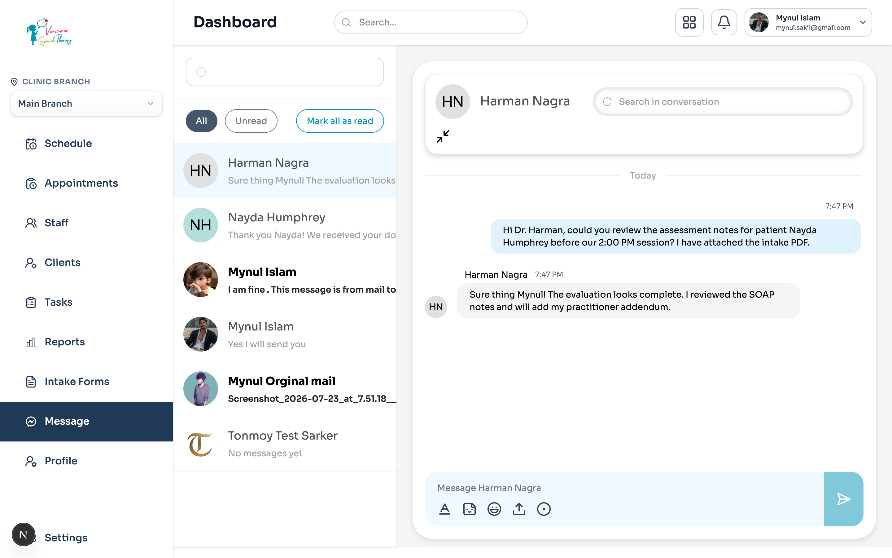 Central Messages Hub Overview: Unified inbox with thread status indicators, unread count badges, and message search.