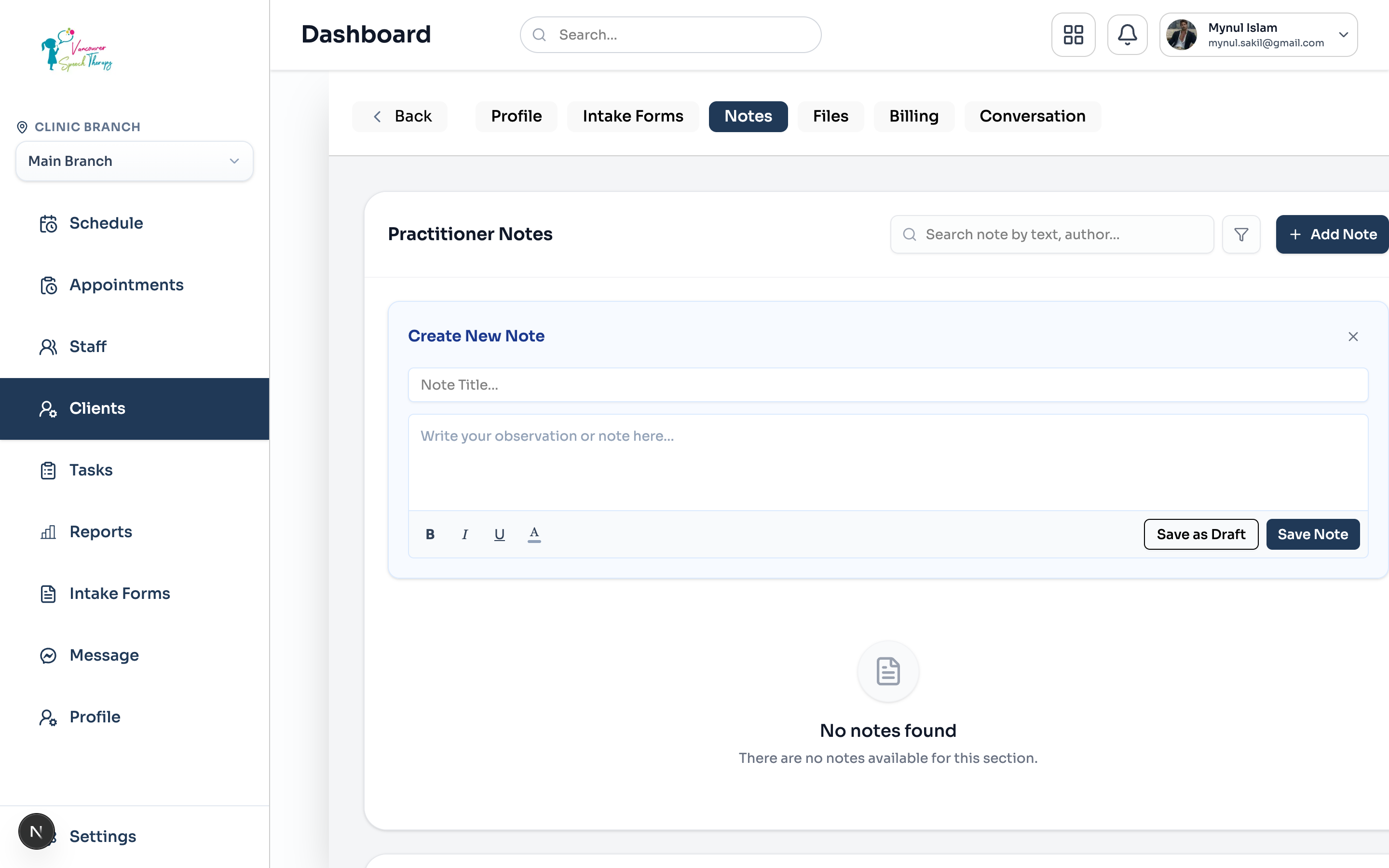 Practitioner free-form note creator with rich-text toolbar and instant draft capability.