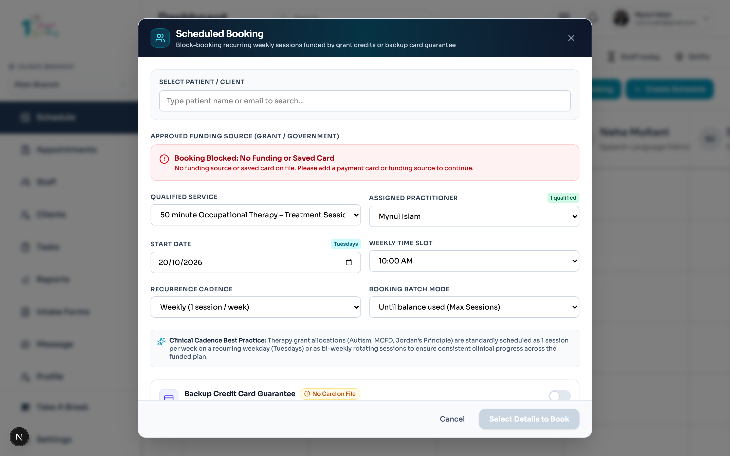 Emmai 'Scheduled Booking' modal: block-booking recurring weekly sessions funded by grant credits or backup card guarantee.