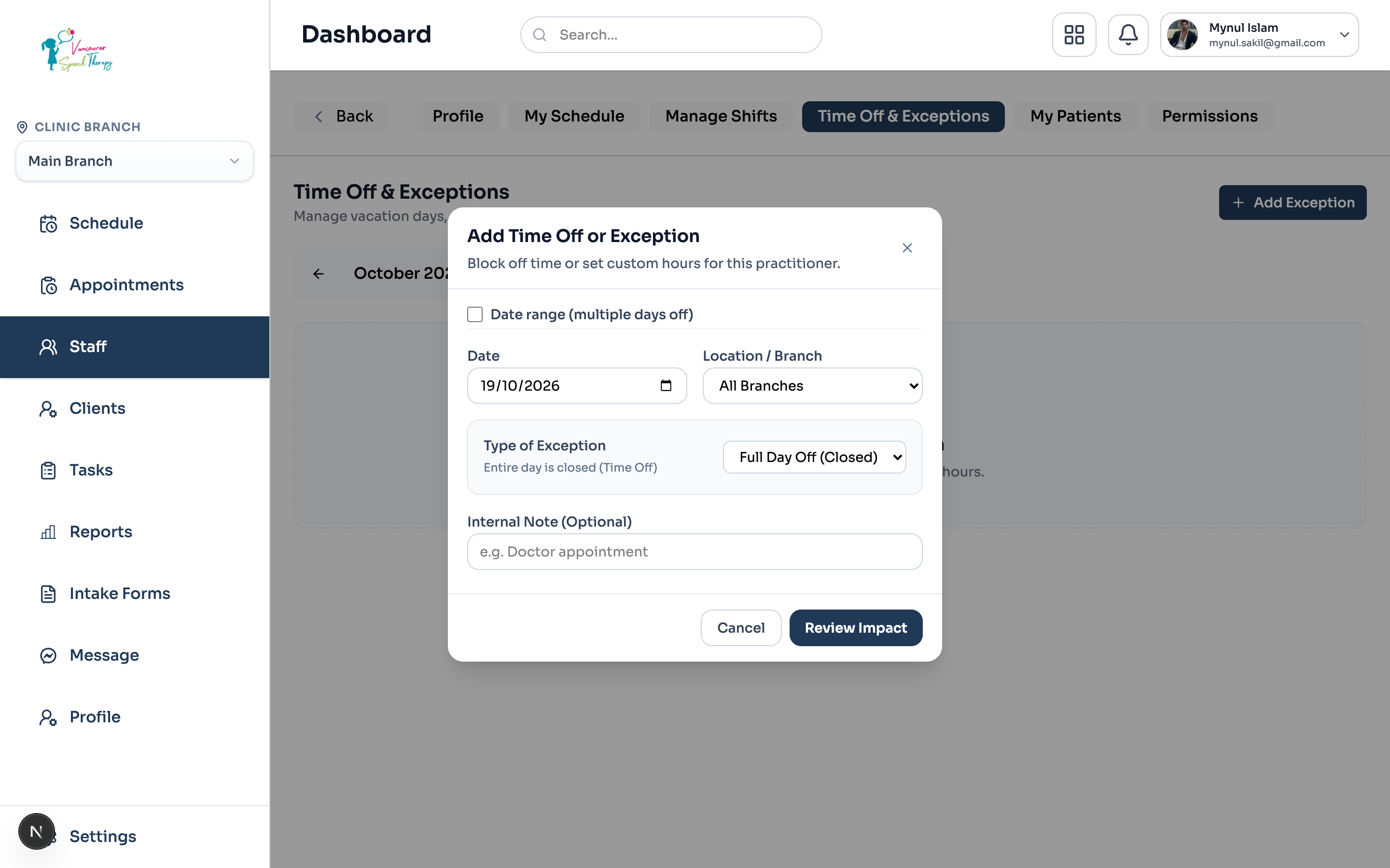 Day-Level Shift Override modal: choosing Full Day Off, Custom Working Hours, or Split Shifts.