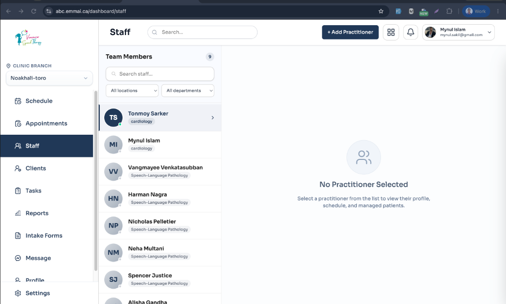Emmai Staff Management Hub: searchable staff roster with branch filtering, department tags, and the '+ Add Practitioner' button in the top right header.