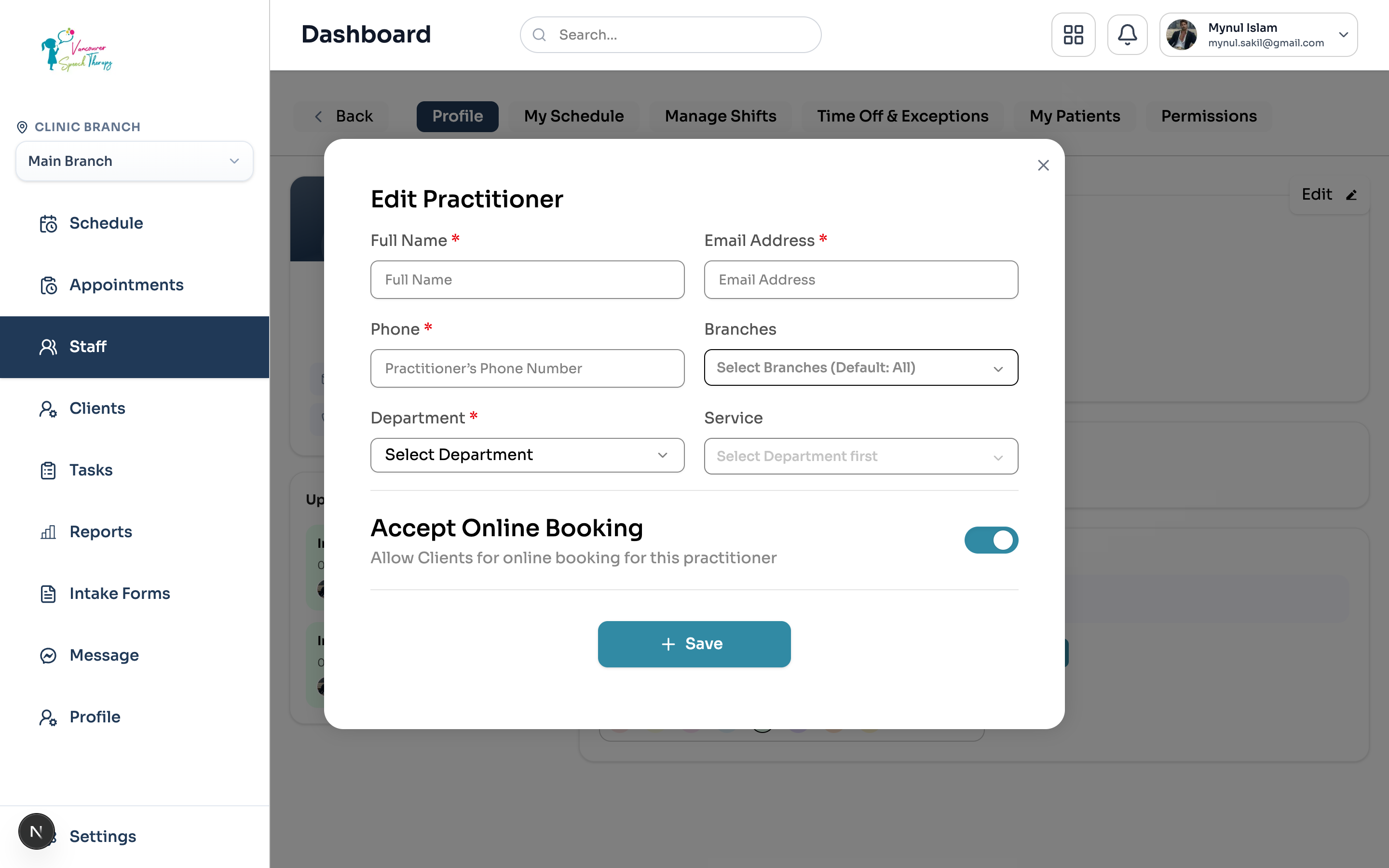 Emmai Profile Tab > Edit Practitioner: modifying essential information, clinical services, branches, and online booking status.