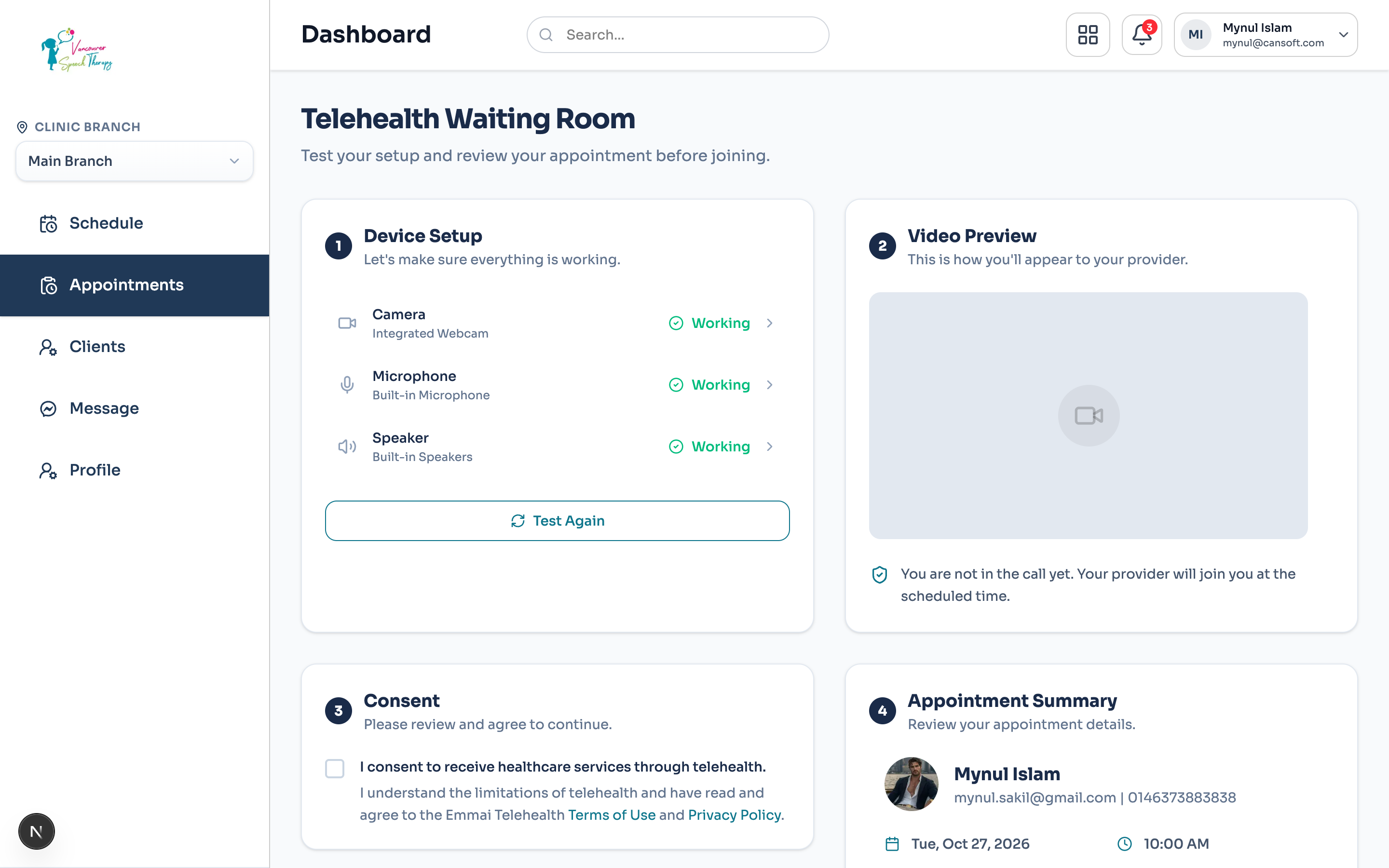 In-browser secure telehealth consultation room with live video and floating clinical chart drawer.
