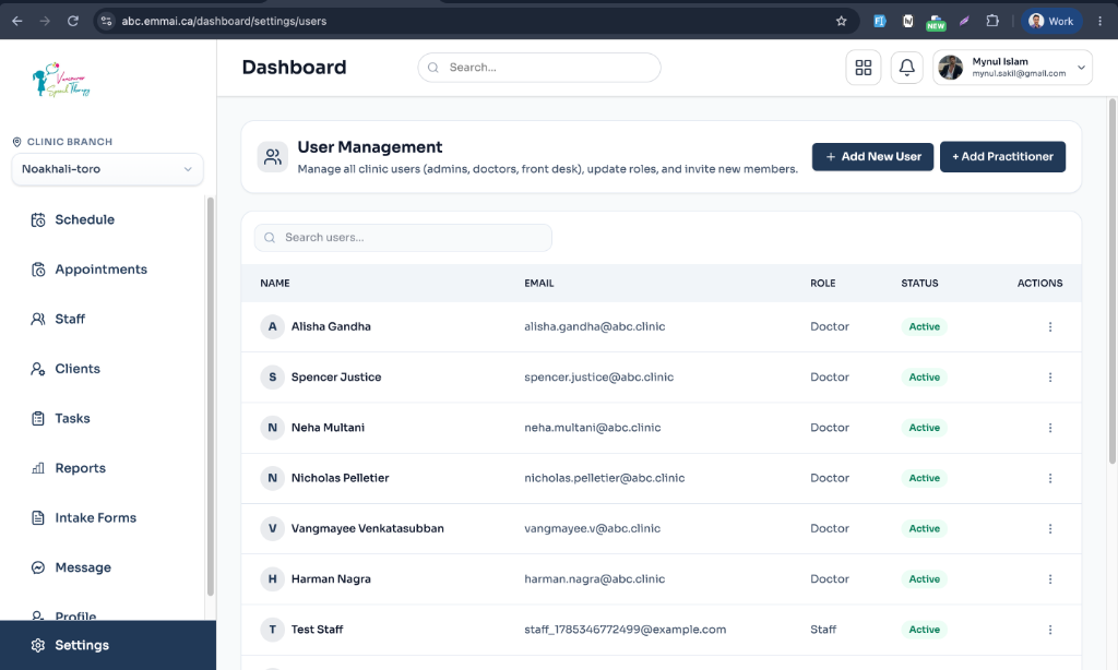 Emmai User Management Dashboard: centralized directory of clinic members with role filtering, active/pending status, and instant action buttons (+ Add New User, + Add Practitioner).